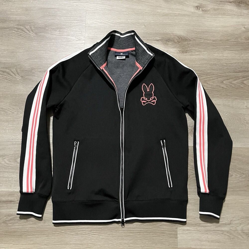 Psycho Bunny Track Jacket Full Zip Men’s Size Small Black Pink White Striped